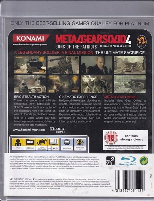 Metal Gear Solid 4 Guns of the Patriots Platinum - PS3 (B Grade) (Genbrug)